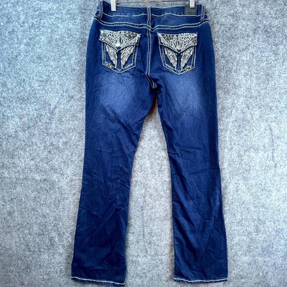 Love Indigo Jeans Womens 8 Blue Y2K Bootcut Flap Pocket Wings Embellished Rocker - Picture 1 of 10